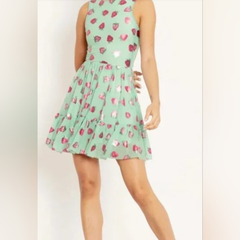 Blackmilk Strawberry Mint Green Bow Back Dress Fit-and-Flare Dress Size Small